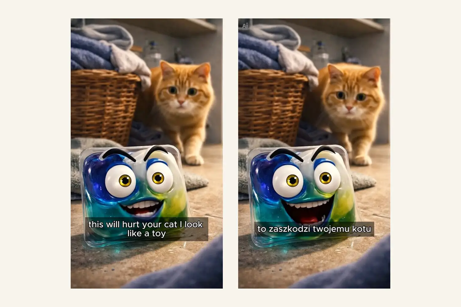 Two vertical video thumbnails side by side on paper: the English short 'These Things In Your House Can Hurt Your Cat' and its Polish adaptation 'Te rzeczy w domu mogą zaszkodzić Twojemu kotu'.